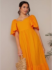 Chi Chi London Orange Broderie Sleeve Poplin Maxi Dress - Image 3 of 5