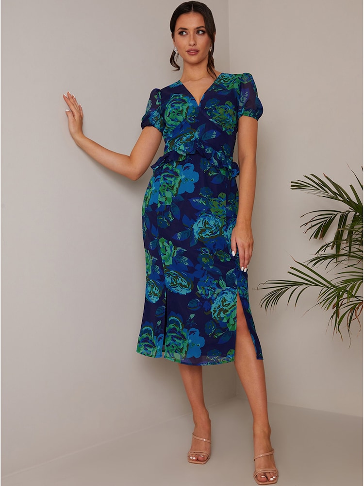 Chi Chi London Blue Petite Puff Sleeve Ruffle Detail Floral Midi Dress - Image 1 of 3