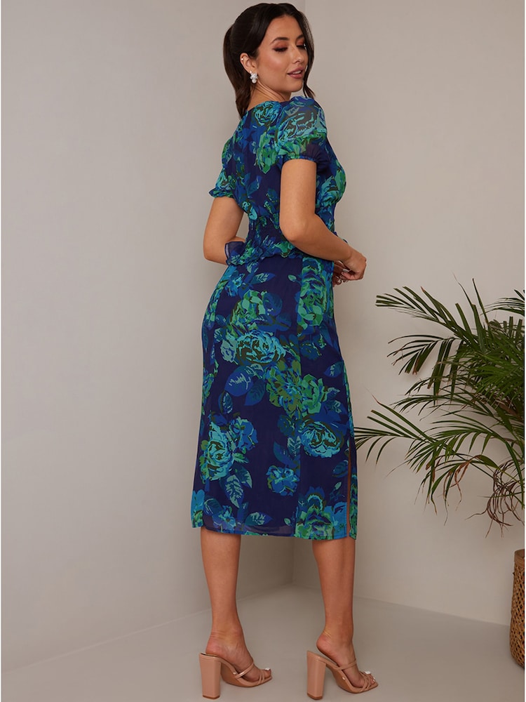 Chi Chi London Blue Petite Puff Sleeve Ruffle Detail Floral Midi Dress - Image 2 of 3