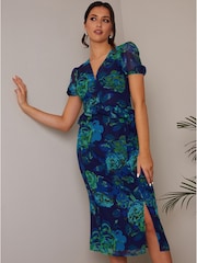 Chi Chi London Blue Petite Puff Sleeve Ruffle Detail Floral Midi Dress - Image 3 of 3