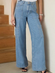 Mid Blue Utility Cargo Wide Leg Jeans - Image 1 of 4