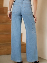 Mid Blue Utility Cargo Wide Leg Jeans - Image 2 of 4
