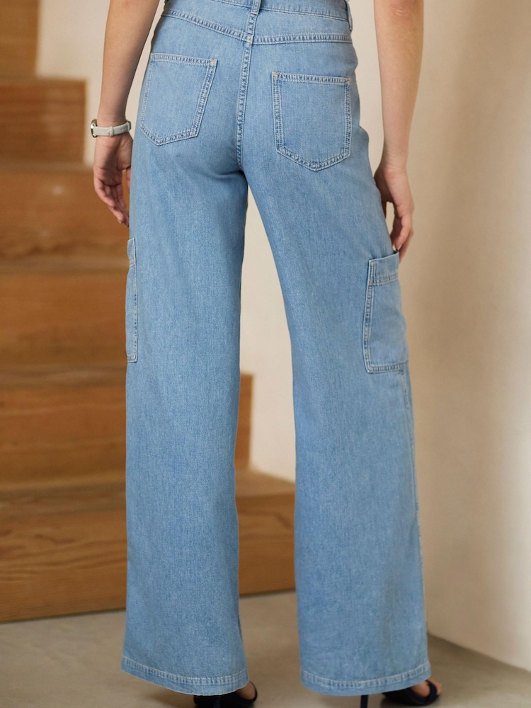 Mid Blue Utility Cargo Wide Leg Jeans - Image 2 of 4