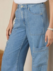 Mid Blue Utility Cargo Wide Leg Jeans - Image 3 of 4