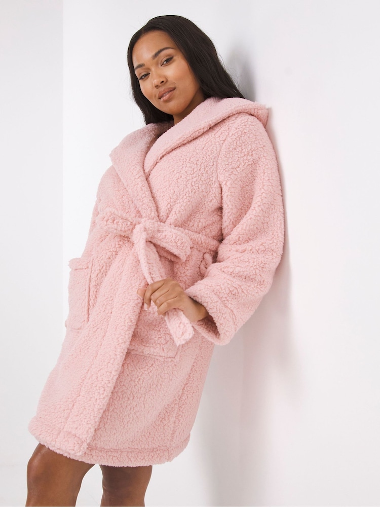Simply Be Pink Pretty Secrets Short Sherpa Hooded Dressing Gown - Image 1 of 4