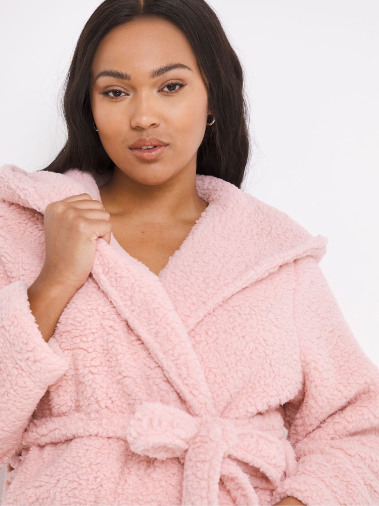 Simply Be Pink Pretty Secrets Short Sherpa Hooded Dressing Gown - Image 4 of 4