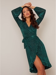 Chi Chi London Green Long Sleeve Animal Devore Wrap Dress - Image 2 of 2