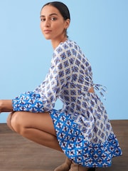 Blue/White Print Long Sleeve 100% Cotton Summer Mini Dress - Image 1 of 5