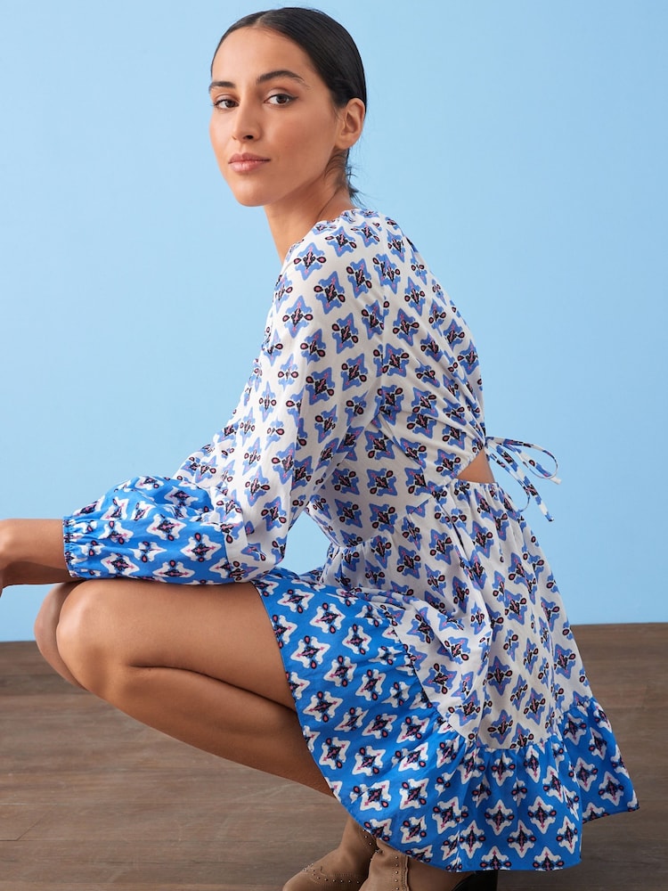 Blue/White Print Long Sleeve 100% Cotton Summer Mini Dress - Image 1 of 5