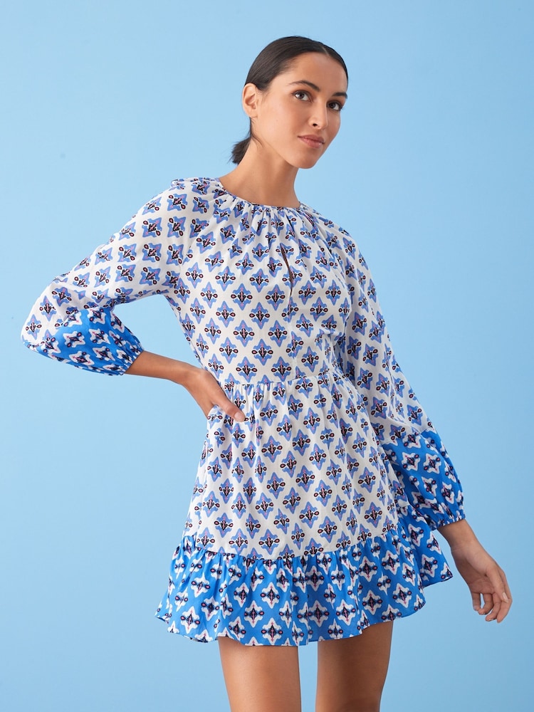 Blue/White Print Long Sleeve 100% Cotton Summer Mini Dress - Image 2 of 5