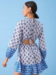 Blue/White Print Long Sleeve 100% Cotton Summer Mini Dress - Image 3 of 5