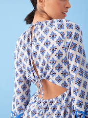 Blue/White Print Long Sleeve 100% Cotton Summer Mini Dress - Image 4 of 5