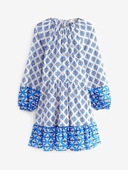 Blue/White Print Long Sleeve 100% Cotton Summer Mini Dress - Image 5 of 5