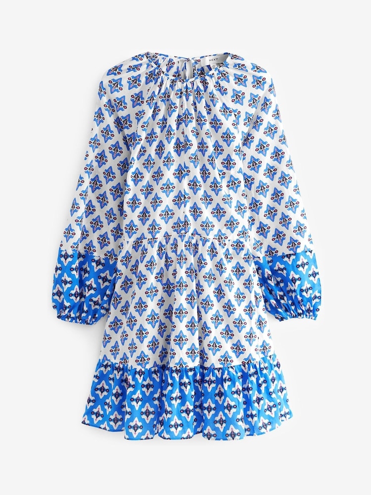 Blue/White Print Long Sleeve 100% Cotton Summer Mini Dress - Image 5 of 5