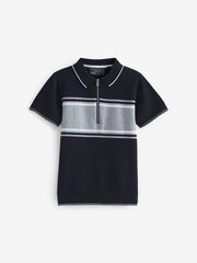 Black Colourblock Zip Neck Patterned Short Sleeve Polo (3-16yrs) - Image 1 of 3