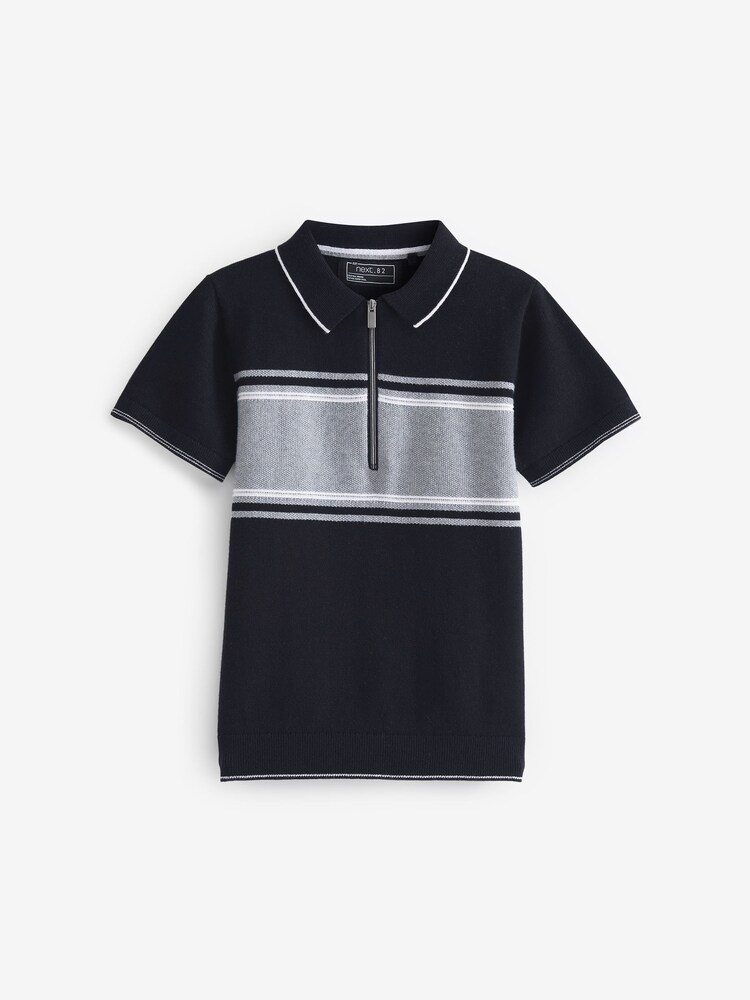 Black Colourblock Zip Neck Patterned Short Sleeve Polo (3-16yrs) - Image 1 of 3