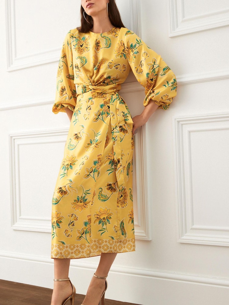 Yellow Floral Satin Wrap Midi Skirt - Image 1 of 5