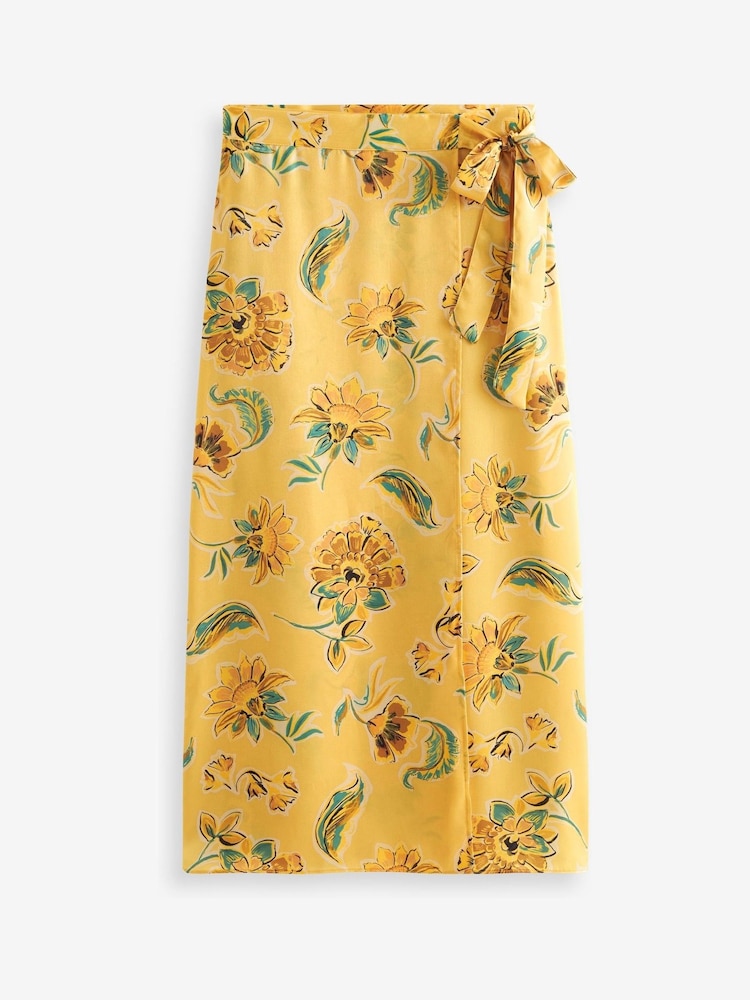 Yellow Floral Satin Wrap Midi Skirt - Image 2 of 5