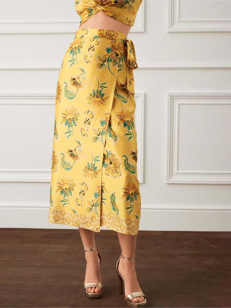Yellow Floral Satin Wrap Midi Skirt - Image 5 of 5