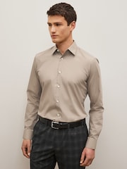 Neutral Brown Slim Fit Single Cuff Easy Care Single Cuff Shirt - Image 1 of 4