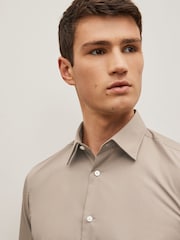 Neutral Brown Slim Fit Single Cuff Easy Care Single Cuff Shirt - Image 3 of 4