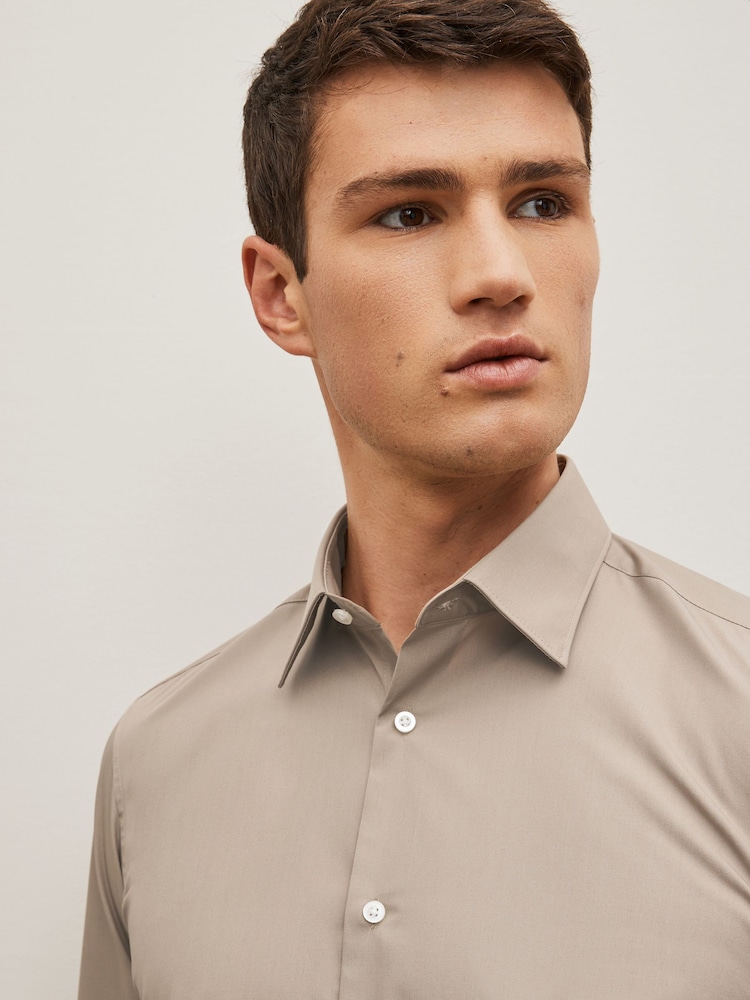 Neutral Brown Slim Fit Single Cuff Easy Care Single Cuff Shirt - Image 3 of 4