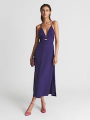 Reiss Purple Ellis Plunge Bodycon Midi Dress - Image 1 of 6