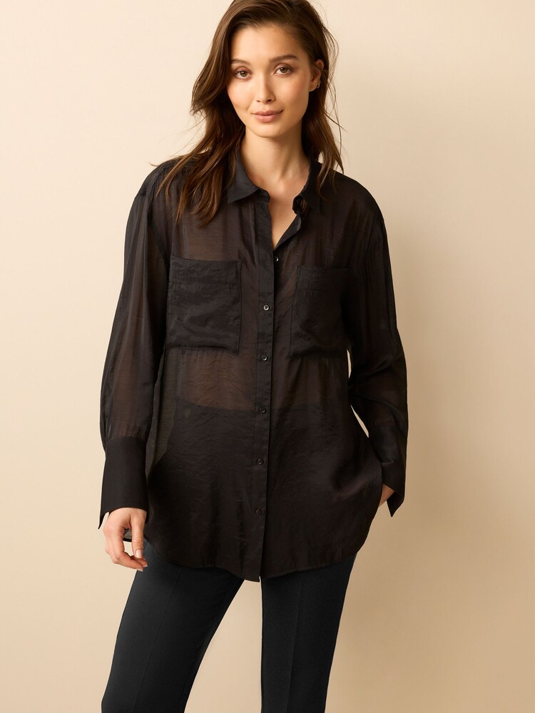 Black Sheer Longline Shirt - Image 1 of 5