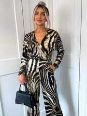 AX Paris Brown Printed Bat Wing Wrap Top Jumpsuit - Image 4 of 4