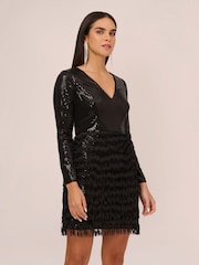 Aidan by Adrianna Papell Sequin Fringe Cocktail Black Dress - Image 1 of 8