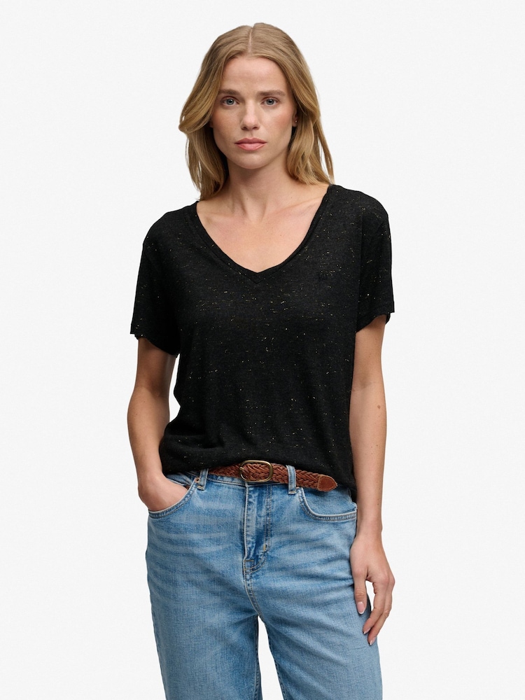 Superdry Black Ground Slub Embroidered V-Neck T-Shirt - Image 1 of 6 Superdry Black Ground Slub Embroidered V-Neck T-Shirt - Image 1 of 6