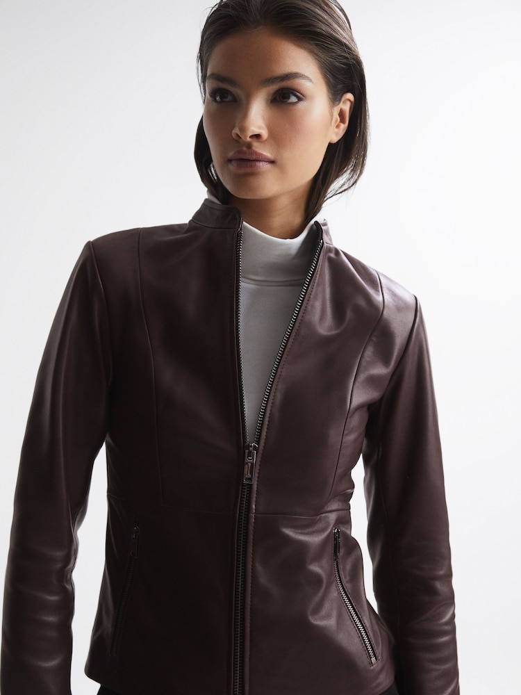 Reiss Berry Ania Leather Zip Front Biker Jacket - Image 1 of 7