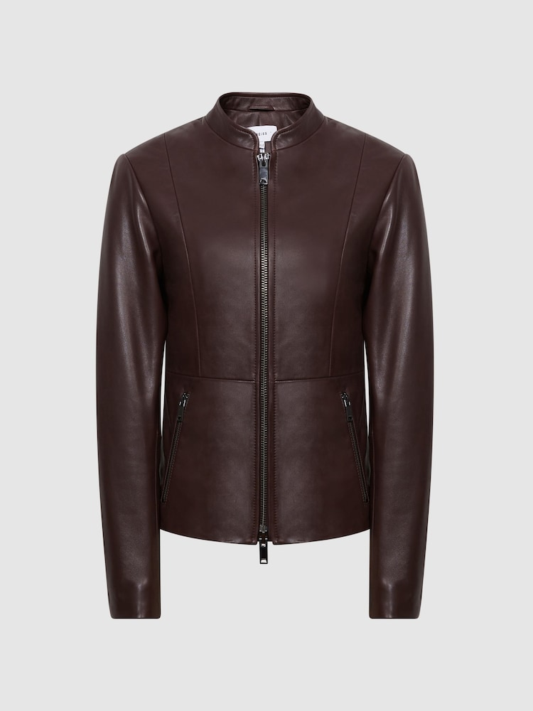 Reiss Berry Ania Leather Zip Front Biker Jacket - Image 2 of 7