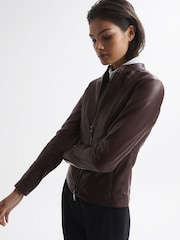 Reiss Berry Ania Leather Zip Front Biker Jacket - Image 6 of 7