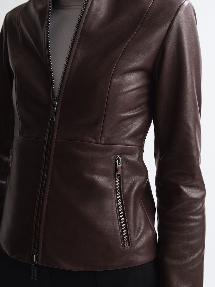 Reiss Berry Ania Leather Zip Front Biker Jacket - Image 7 of 7