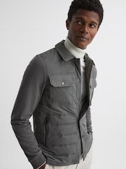Reiss Dark Green Roddie Long Sleeve Quilted Hybrid Jacket - Image 1 of 7