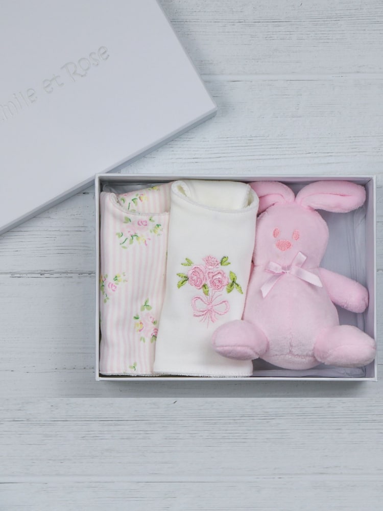 Emile Et Rose Pink Floral Print & Embroidered 100% Cotton Bib Gift Set - Image 5 of 5