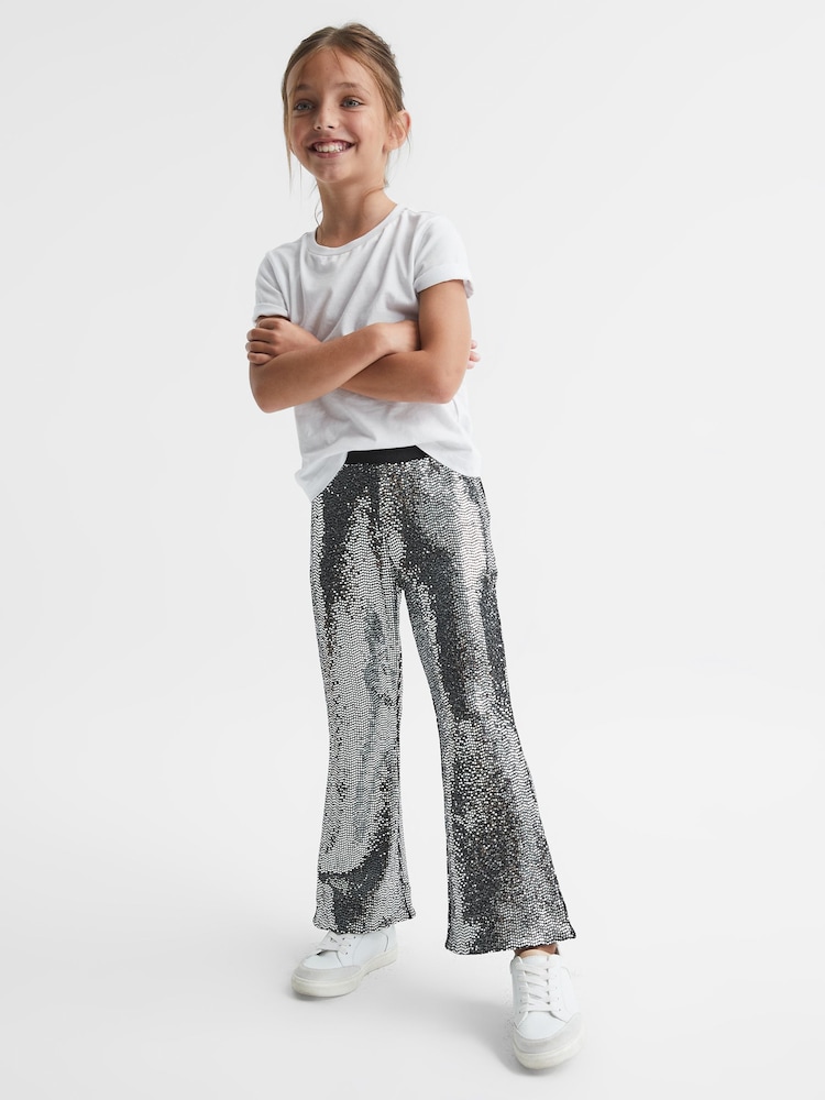 Reiss Silver Valeria Junior Sequin Flare Occasion Trousers - Image 1 of 7