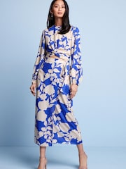 Blue Floral Knot Front Long Sleeve Satin Top - Image 1 of 3