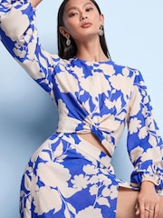 Blue Floral Knot Front Long Sleeve Satin Top - Image 2 of 3