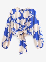 Blue Floral Knot Front Long Sleeve Satin Top - Image 3 of 3