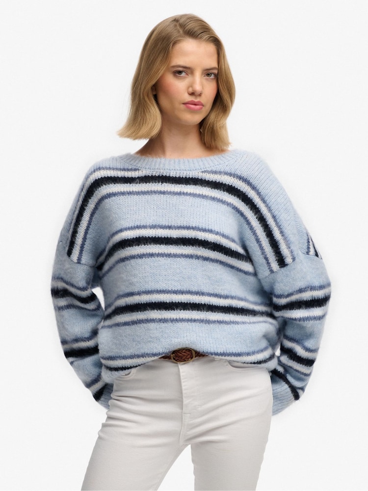Superdry Sky Blue Slouchy Brushed Stripe Knit Jumper - Image 1 of 4 Superdry Sky Blue Slouchy Brushed Stripe Knit Jumper - Image 1 of 4