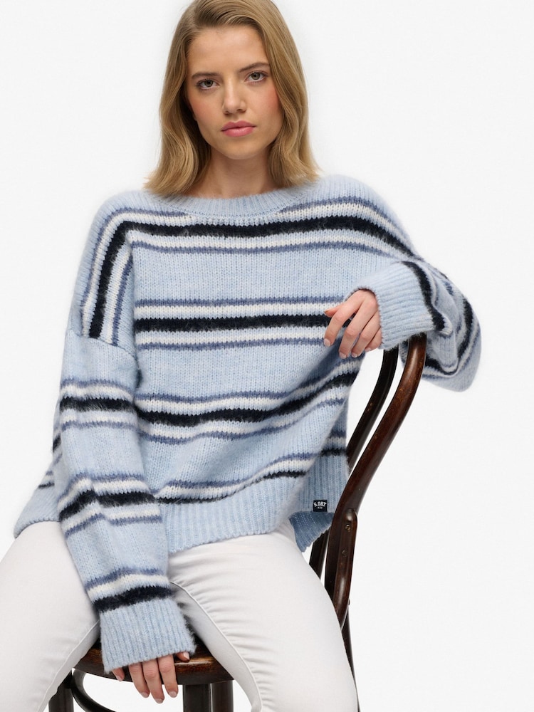 Superdry Sky Blue Slouchy Brushed Stripe Knit Jumper - Image 2 of 4 Superdry Sky Blue Slouchy Brushed Stripe Knit Jumper - Image 2 of 4