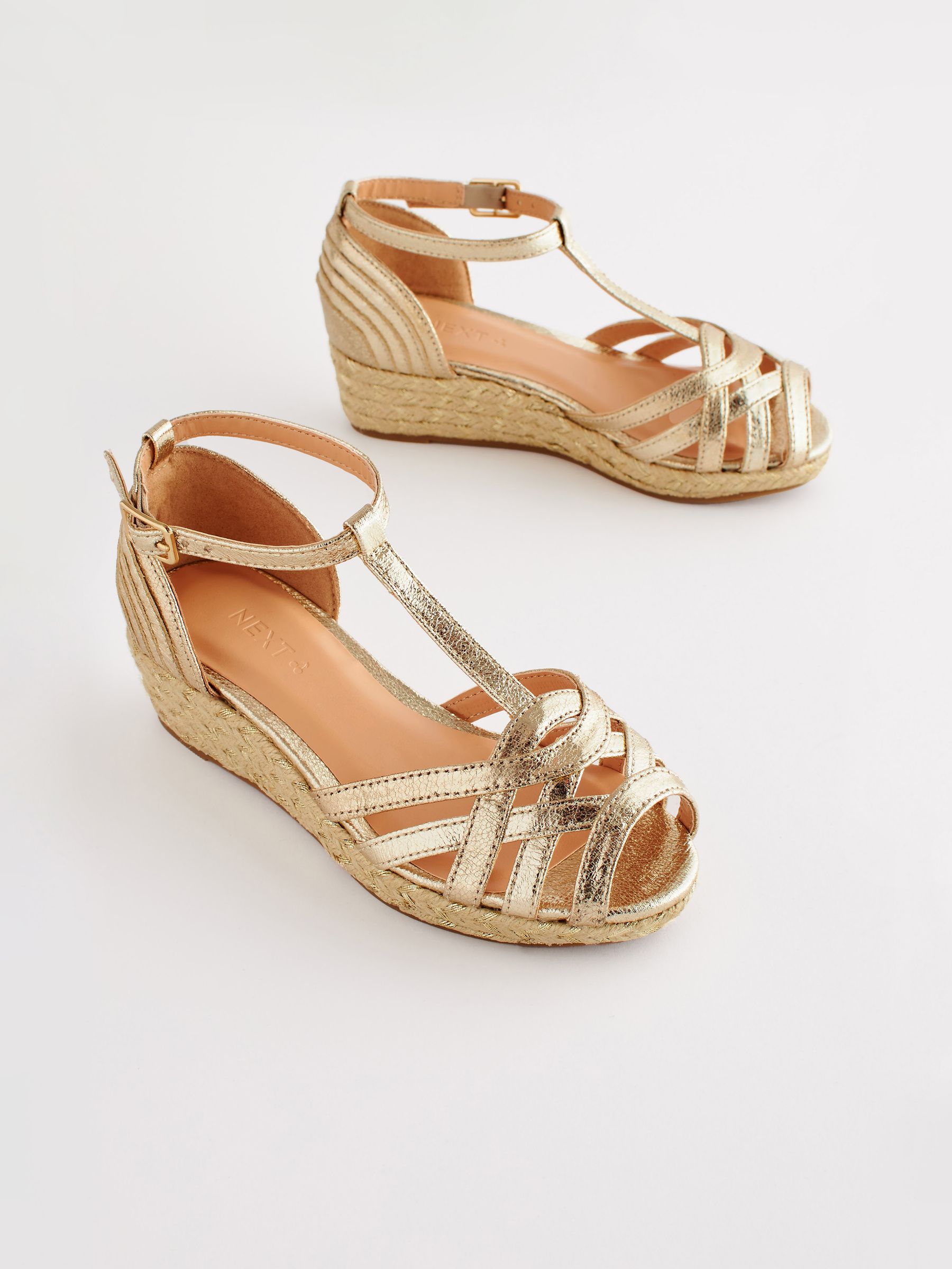 NEXT Gold Metallic Woven Wedge Ankle Strap Sandals 9 EU 26.5 Girls