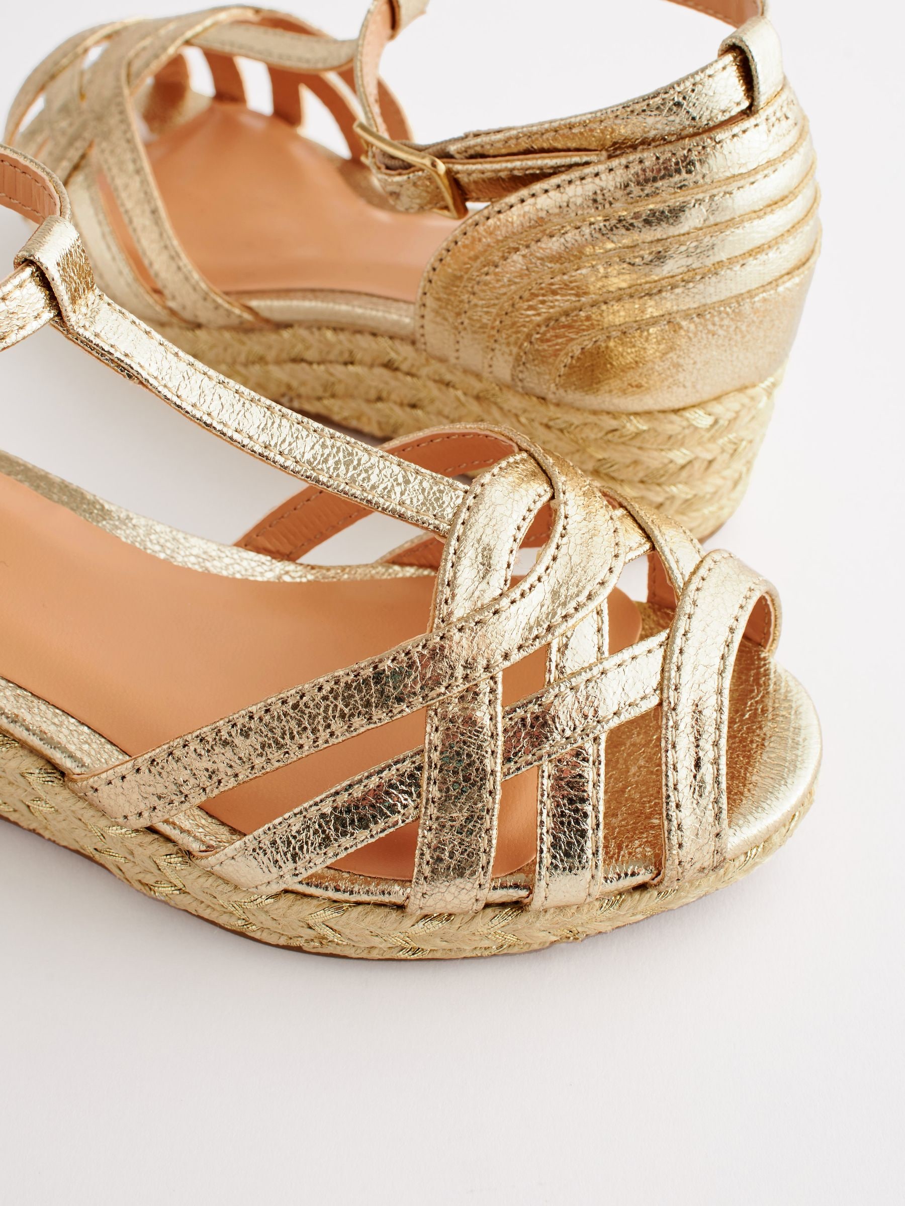 Gold Metallic Woven Wedge Ankle Strap Sandals