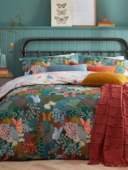 furn. Teal Blue Forage Floral Butterfly Print Reversible Duvet Cover and Pillowcase Set - Image 1 of 4