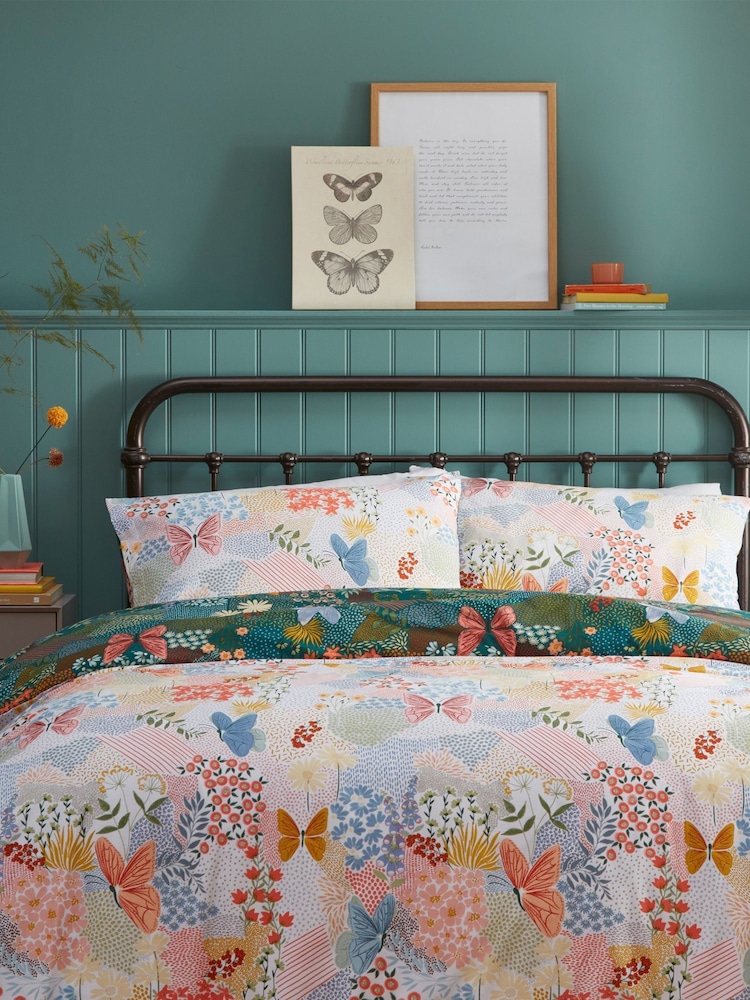 furn. Teal Blue Forage Floral Butterfly Print Reversible Duvet Cover and Pillowcase Set - Image 2 of 4