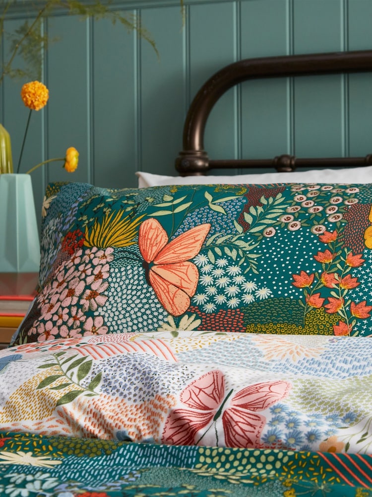 furn. Teal Blue Forage Floral Butterfly Print Reversible Duvet Cover and Pillowcase Set - Image 3 of 4