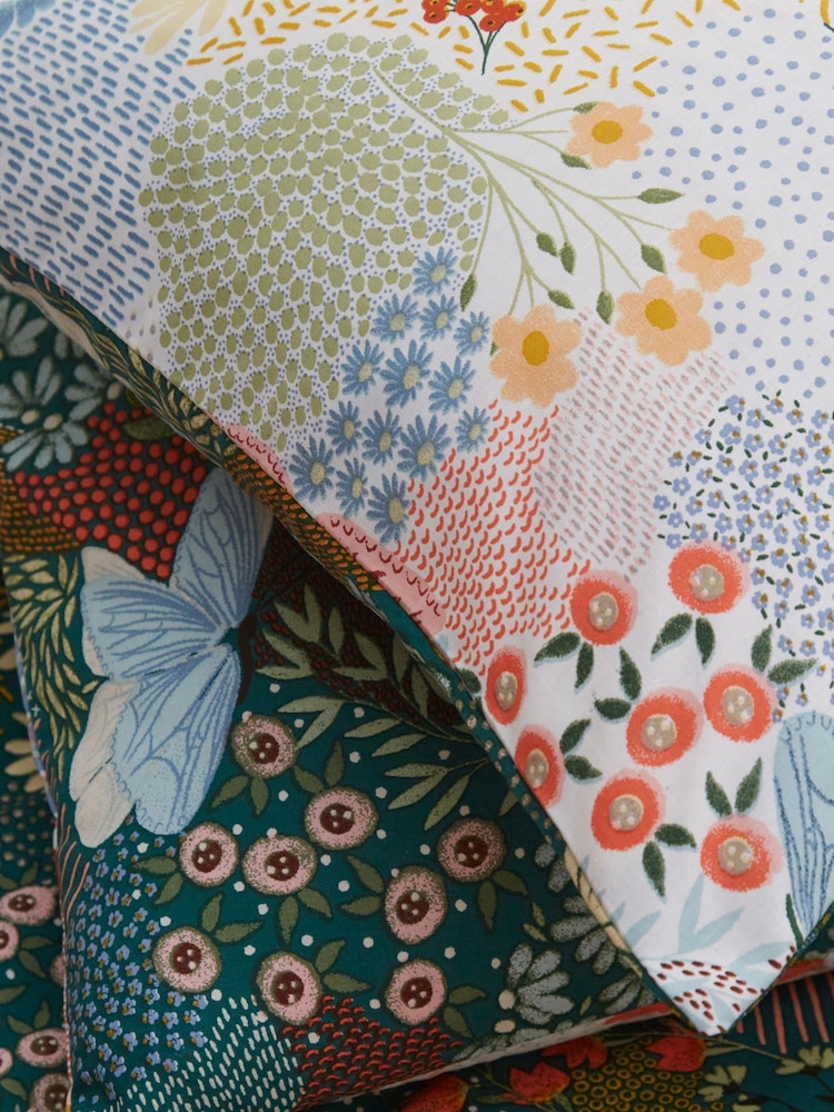 furn. Teal Blue Forage Floral Butterfly Print Reversible Duvet Cover and Pillowcase Set - Image 4 of 4