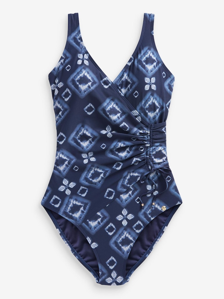 Navy Blue Aztec Ruched Side Tummy Control Swimsuit - Image 5 of 5 Navy Blue Aztec Ruched Side Tummy Control Swimsuit - Image 5 of 5